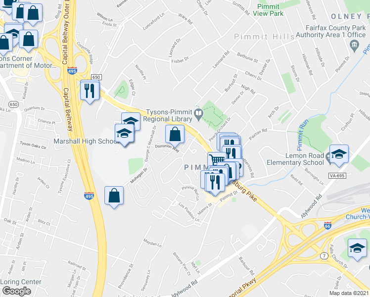 map of restaurants, bars, coffee shops, grocery stores, and more near 2127 Dominion Heights Court in Falls Church