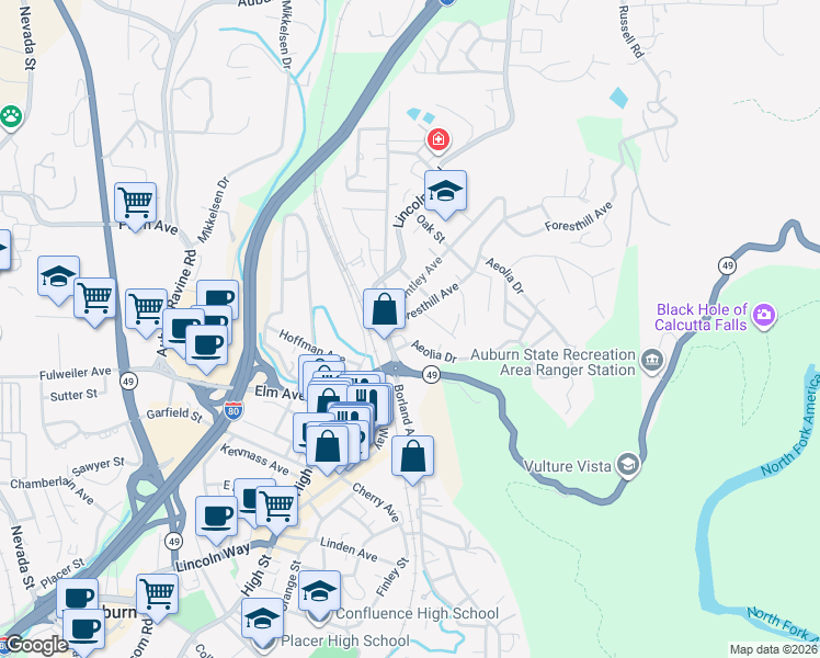 map of restaurants, bars, coffee shops, grocery stores, and more near 170 Foresthill Avenue in Auburn