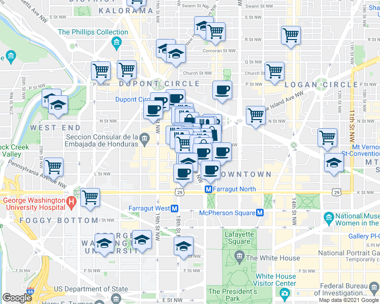 map of restaurants, bars, coffee shops, grocery stores, and more near 1145 Connecticut Avenue Northwest in Washington