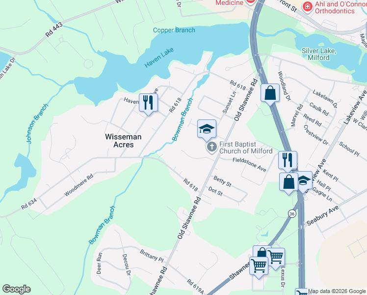 map of restaurants, bars, coffee shops, grocery stores, and more near 7 Bowman Terrace in Milford