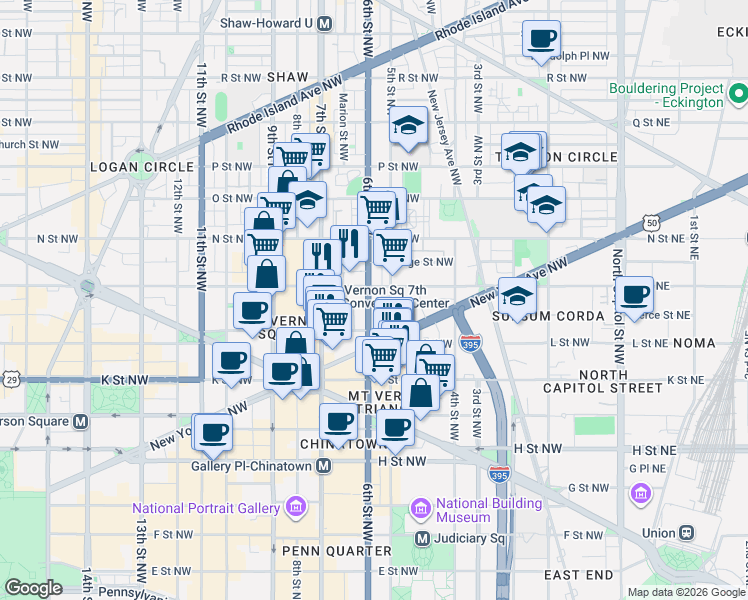 map of restaurants, bars, coffee shops, grocery stores, and more near 101 Independence Avenue Southeast in Washington