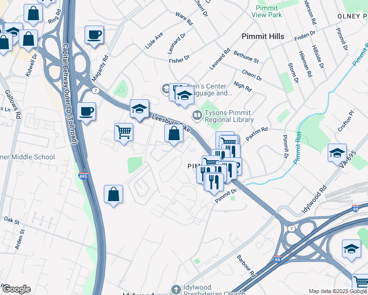 map of restaurants, bars, coffee shops, grocery stores, and more near 2127 Dominion Heights Court in Falls Church