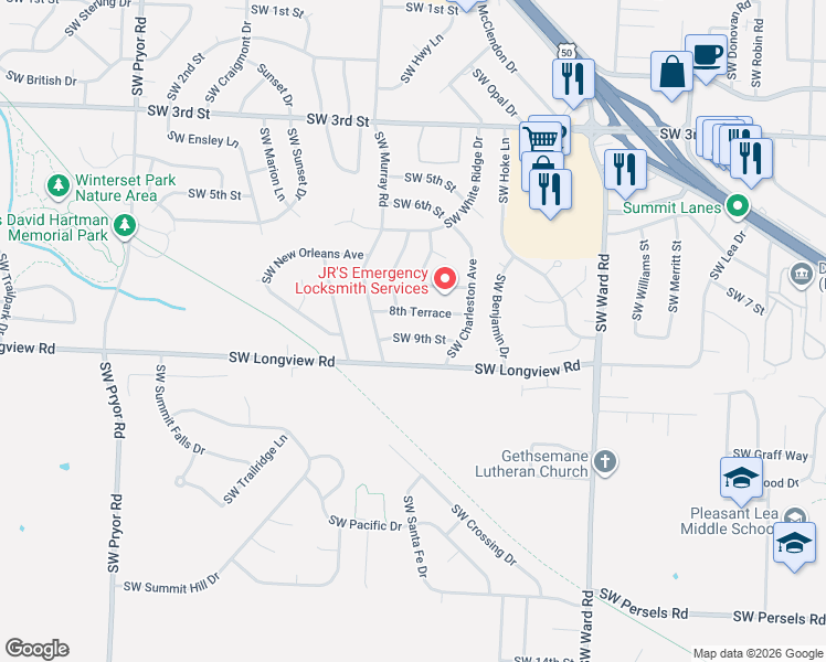 map of restaurants, bars, coffee shops, grocery stores, and more near 1501 Southwest 8 Terrace in Lee's Summit