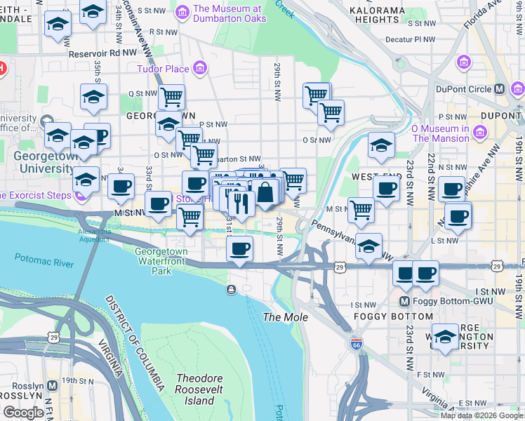 map of restaurants, bars, coffee shops, grocery stores, and more near 1199 30th St NW in Washington
