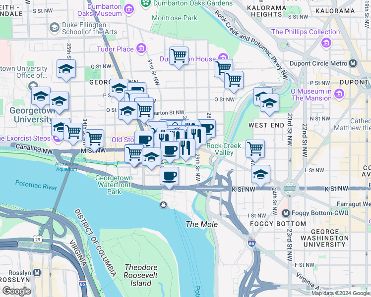 map of restaurants, bars, coffee shops, grocery stores, and more near M St NW & 30th St NW in Washington