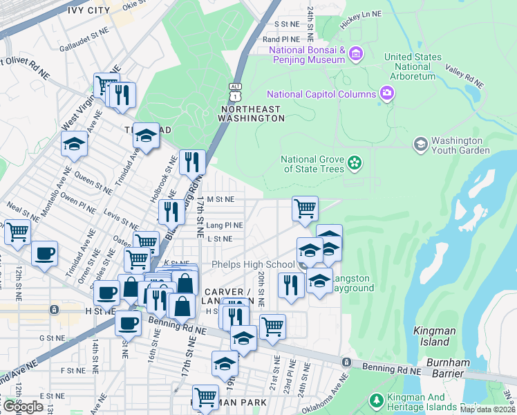 map of restaurants, bars, coffee shops, grocery stores, and more near 101 Independence Avenue Southeast in Washington