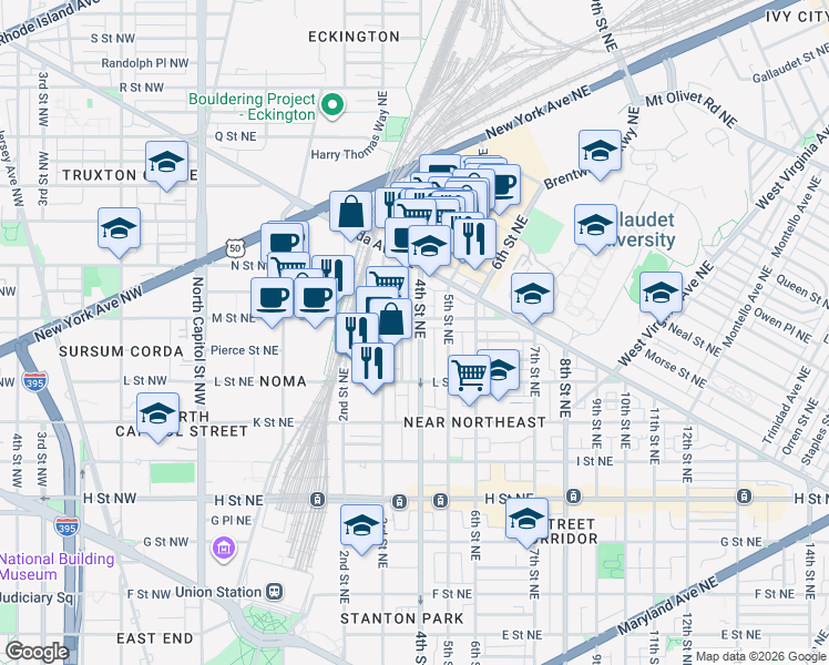 map of restaurants, bars, coffee shops, grocery stores, and more near 101 Independence Avenue Southeast in Washington