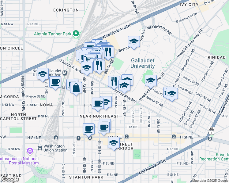 map of restaurants, bars, coffee shops, grocery stores, and more near 635 Florida Avenue Northeast in Washington