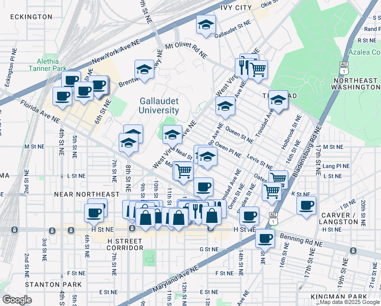 map of restaurants, bars, coffee shops, grocery stores, and more near 1148 Neal Street Northeast in Washington