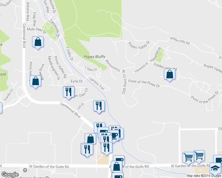 map of restaurants, bars, coffee shops, grocery stores, and more near 1457 Territory Trail in Colorado Springs