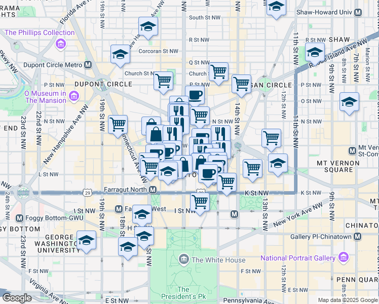 map of restaurants, bars, coffee shops, grocery stores, and more near 1155 16th Street Northwest in Washington