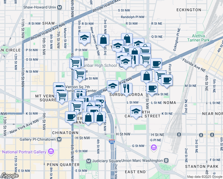 map of restaurants, bars, coffee shops, grocery stores, and more near 216 New York Avenue Northwest in Washington