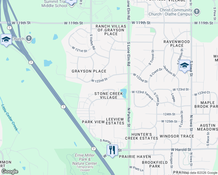 map of restaurants, bars, coffee shops, grocery stores, and more near 21794 West 123rd Terrace in Olathe