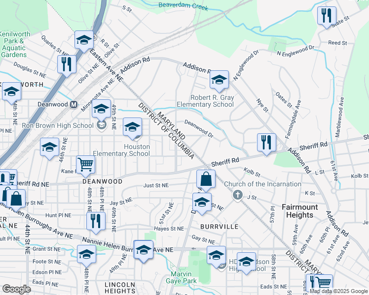map of restaurants, bars, coffee shops, grocery stores, and more near 1112 Eastern Avenue Northeast in Washington