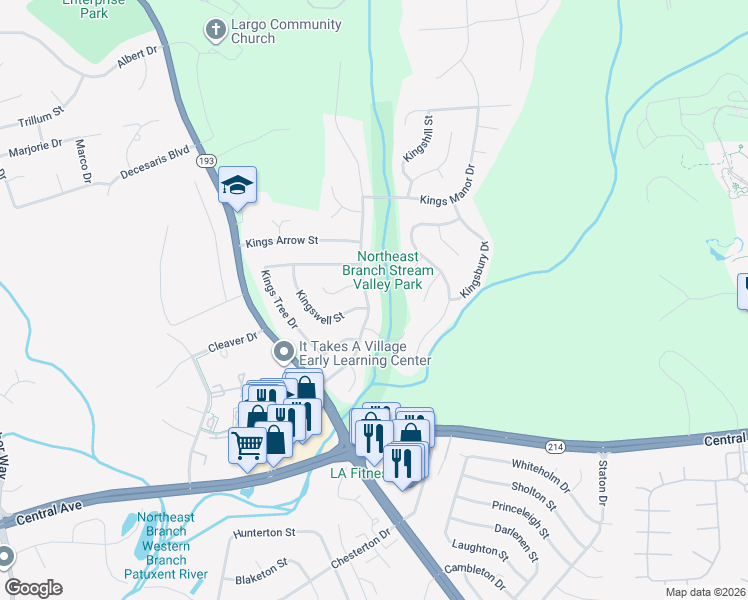 map of restaurants, bars, coffee shops, grocery stores, and more near 1101 Kings Valley Drive in Bowie