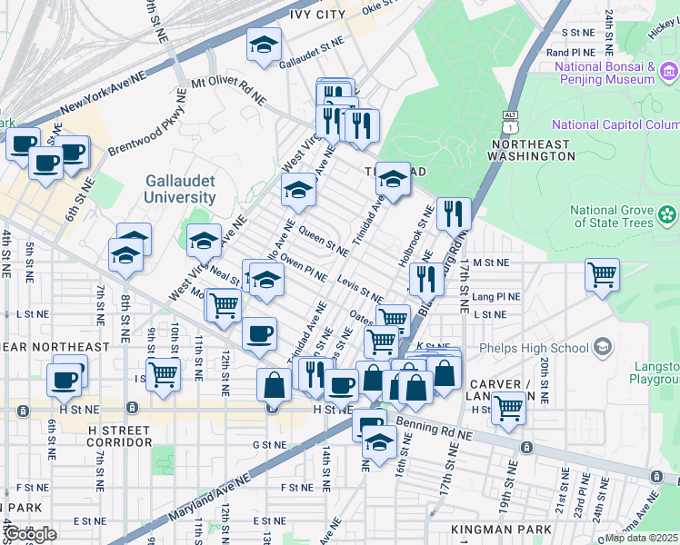 map of restaurants, bars, coffee shops, grocery stores, and more near Trinidad Avenue Northeast in Washington