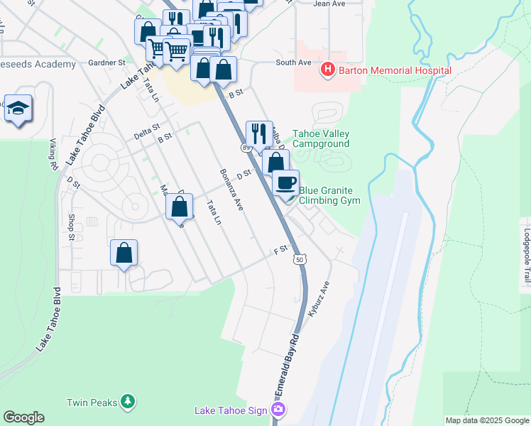map of restaurants, bars, coffee shops, grocery stores, and more near 1242 Emerald Bay Road in South Lake Tahoe