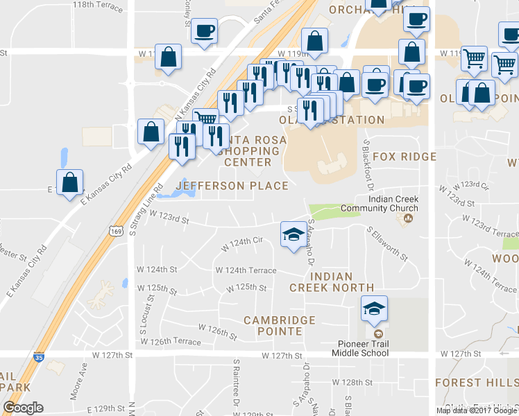 map of restaurants, bars, coffee shops, grocery stores, and more near 16014 West 123rd Street in Olathe