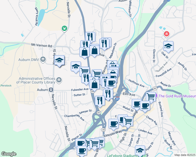 map of restaurants, bars, coffee shops, grocery stores, and more near 420 Grass Valley Highway in Auburn