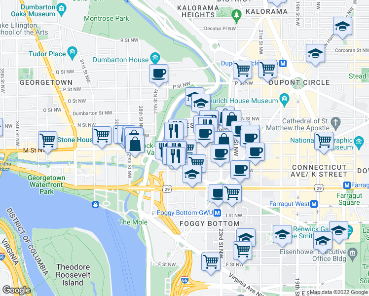 map of restaurants, bars, coffee shops, grocery stores, and more near M St NW & 25th St NW in Washington