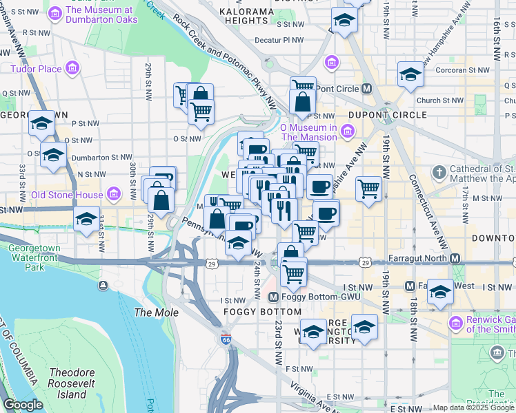 map of restaurants, bars, coffee shops, grocery stores, and more near M Street Northwest & 24th Street Northwest in Washington
