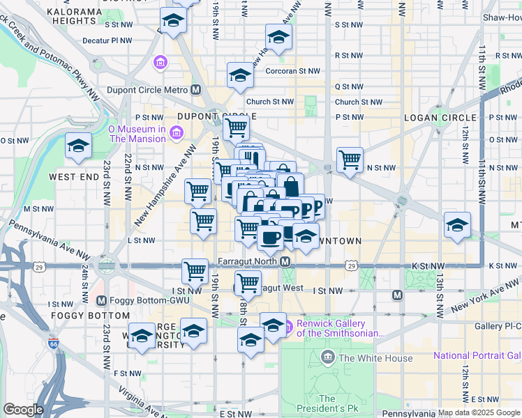 map of restaurants, bars, coffee shops, grocery stores, and more near 1145 Connecticut Avenue Northwest in Washington