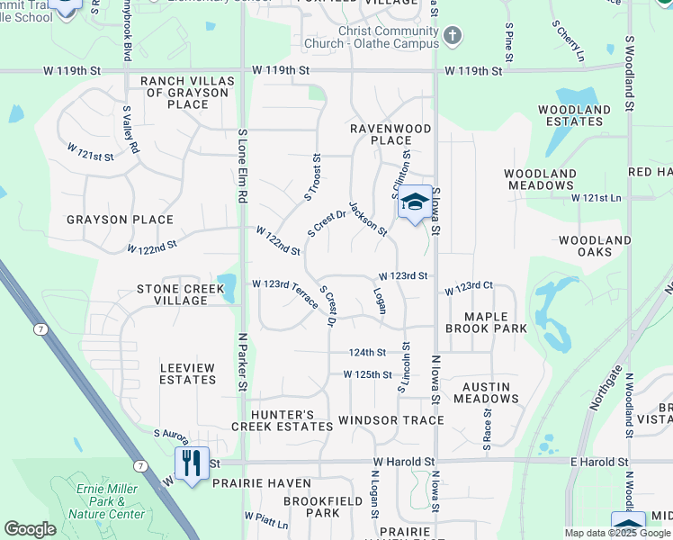 map of restaurants, bars, coffee shops, grocery stores, and more near 21250 West 123rd Street in Olathe