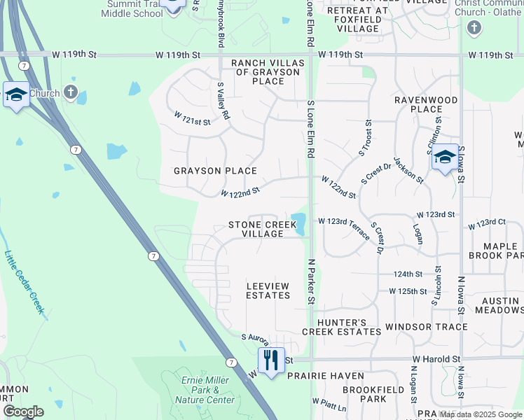 map of restaurants, bars, coffee shops, grocery stores, and more near 21802 W 123rd Terrace in Olathe