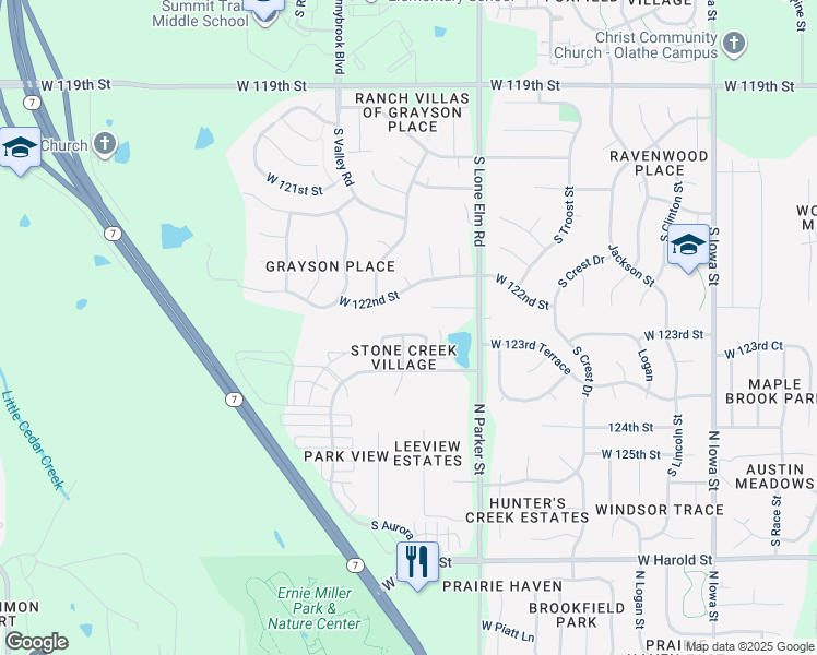 map of restaurants, bars, coffee shops, grocery stores, and more near 21782 West 123rd Terrace in Olathe