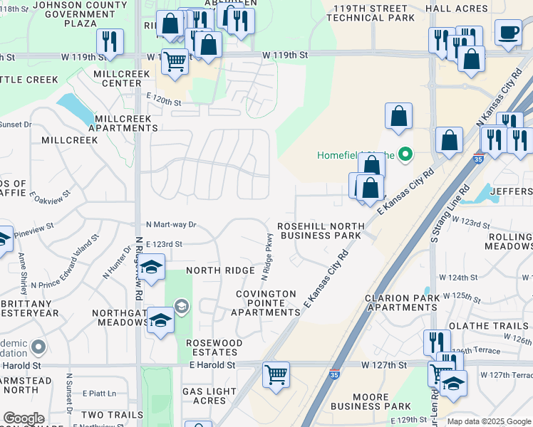 map of restaurants, bars, coffee shops, grocery stores, and more near 1382 North Ridge Parkway in Olathe