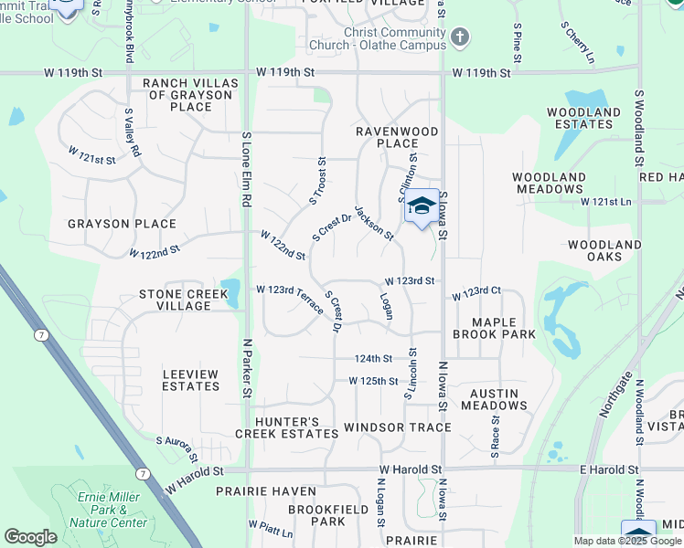 map of restaurants, bars, coffee shops, grocery stores, and more near 21250 West 123rd Street in Olathe