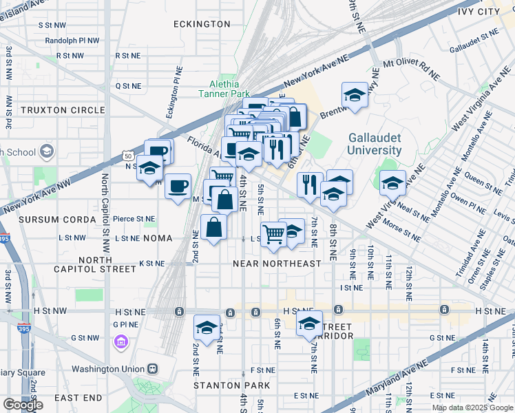 map of restaurants, bars, coffee shops, grocery stores, and more near 1164 5th Street Northeast in Washington