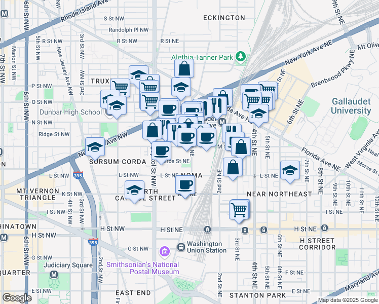 map of restaurants, bars, coffee shops, grocery stores, and more near 1160 First Street Northeast in Washington