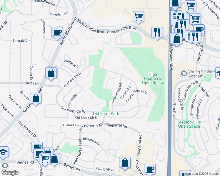map of restaurants, bars, coffee shops, grocery stores, and more near 5050 Farm Ridge Place in Colorado Springs