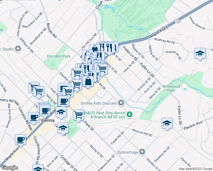 map of restaurants, bars, coffee shops, grocery stores, and more near 200 Branch Road Southeast in Vienna