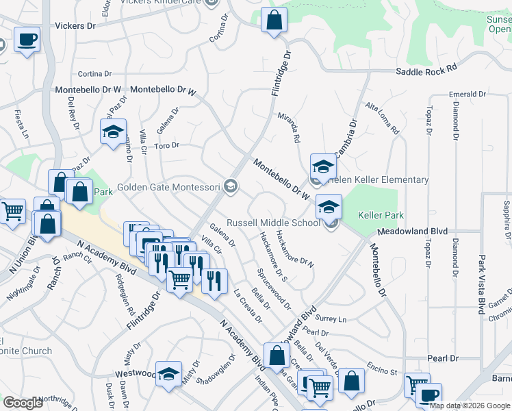 map of restaurants, bars, coffee shops, grocery stores, and more near 5025 Hackamore Court in Colorado Springs