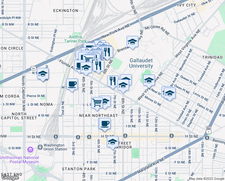 map of restaurants, bars, coffee shops, grocery stores, and more near 101 Independence Avenue Southeast in Washington