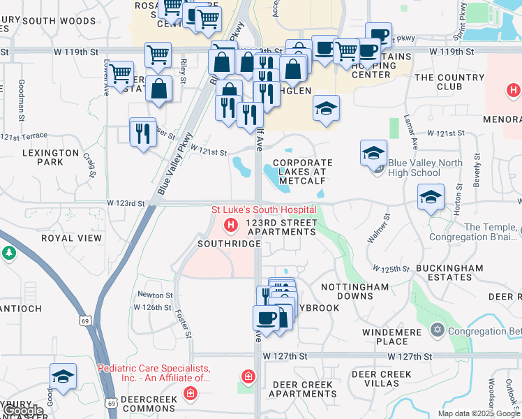 map of restaurants, bars, coffee shops, grocery stores, and more near in Overland Park