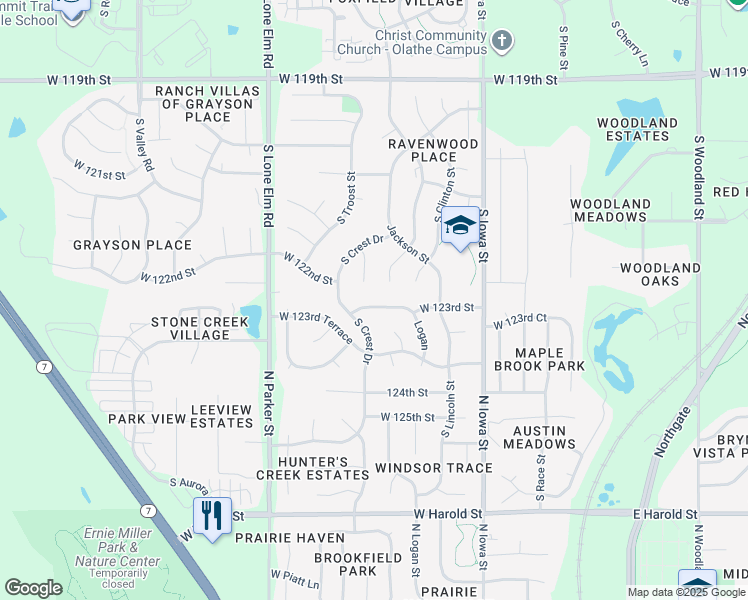 map of restaurants, bars, coffee shops, grocery stores, and more near 21250 West 123rd Street in Olathe
