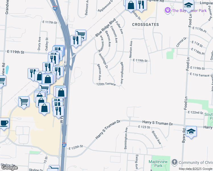 map of restaurants, bars, coffee shops, grocery stores, and more near 6301 120th Terrace in Grandview