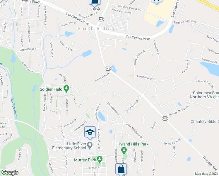 map of restaurants, bars, coffee shops, grocery stores, and more near 25718 Meadowhouse Court in South Riding