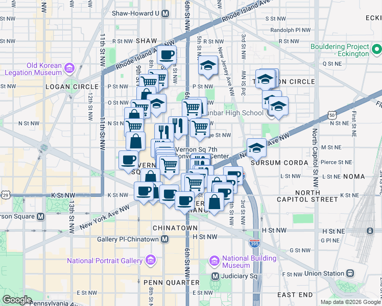 map of restaurants, bars, coffee shops, grocery stores, and more near 1135 6th Street Northwest in Washington