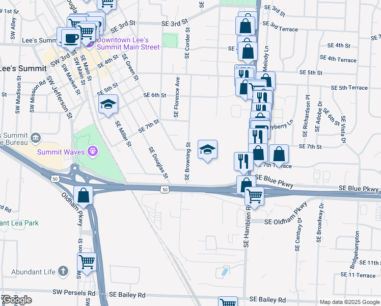 map of restaurants, bars, coffee shops, grocery stores, and more near 801 Southeast Browning Street in Lee's Summit