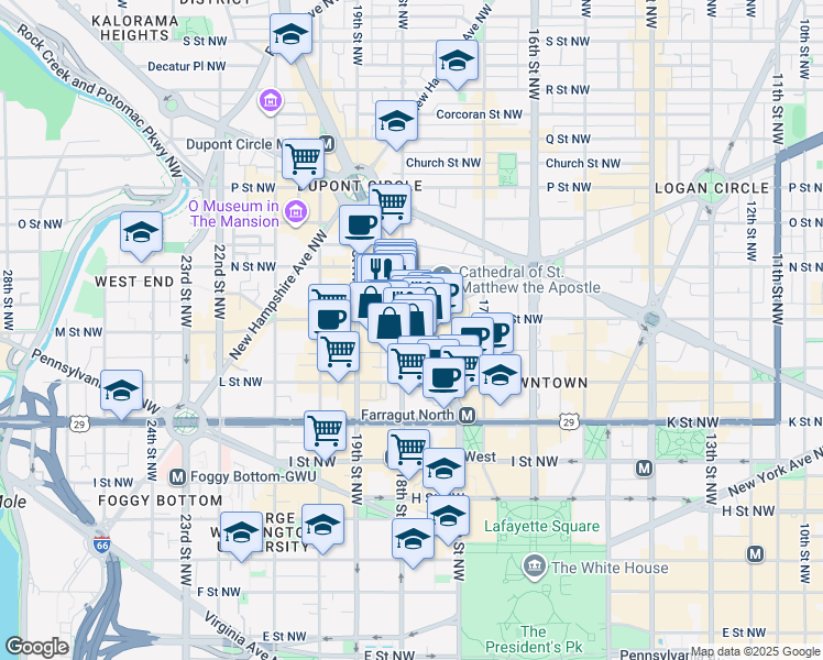 map of restaurants, bars, coffee shops, grocery stores, and more near 1150 Connecticut Avenue Northwest in Washington