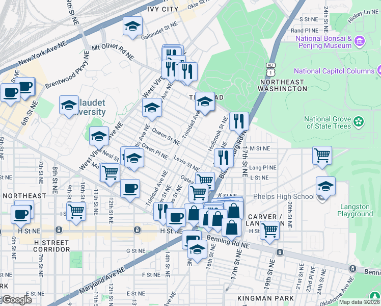 map of restaurants, bars, coffee shops, grocery stores, and more near 101 Independence Avenue Southeast in Washington