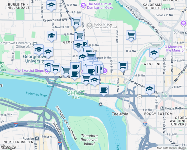 map of restaurants, bars, coffee shops, grocery stores, and more near 1205 Wisconsin Avenue Northwest in Washington