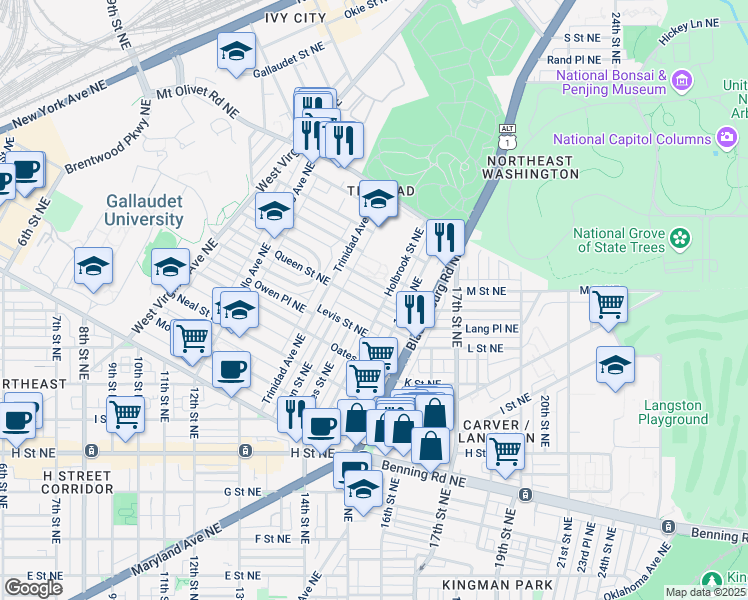 map of restaurants, bars, coffee shops, grocery stores, and more near 101 Independence Avenue Southeast in Washington