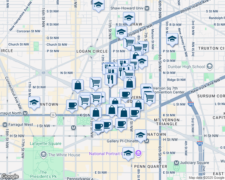 map of restaurants, bars, coffee shops, grocery stores, and more near 1125 11th Street Northwest in Washington