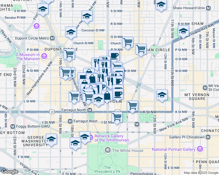 map of restaurants, bars, coffee shops, grocery stores, and more near 1155 16th Street Northwest in Washington