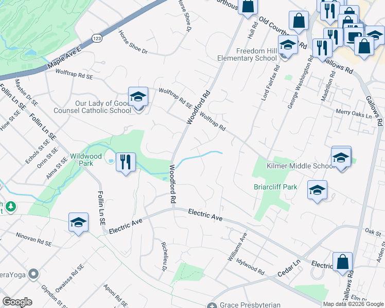 map of restaurants, bars, coffee shops, grocery stores, and more near 2117 Robin Way Court in Vienna